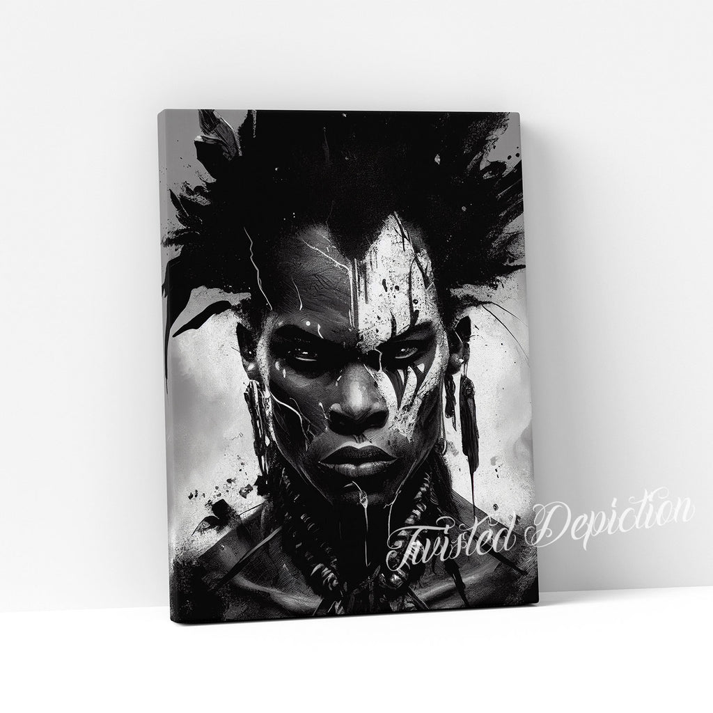 chaotic canvas painting of african warrior