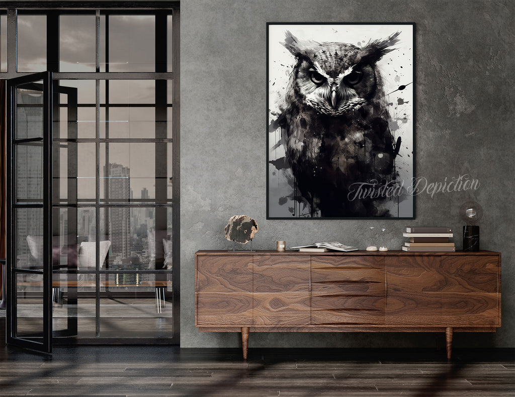 black white owl painting