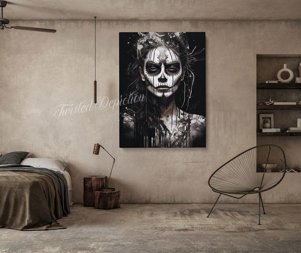 black on black day of the dead woman painting