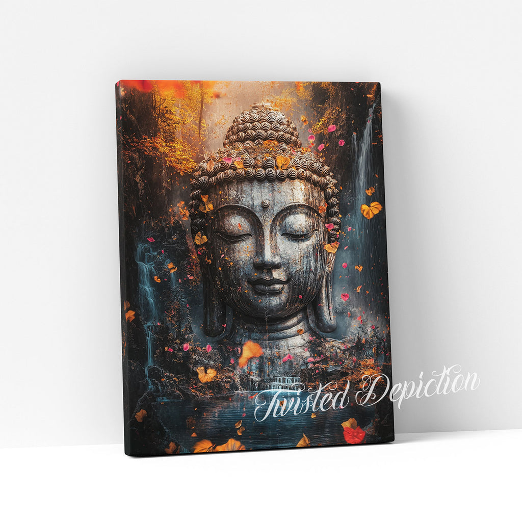 Canvas print of a Buddha statue with autumn leaves and waterfalls