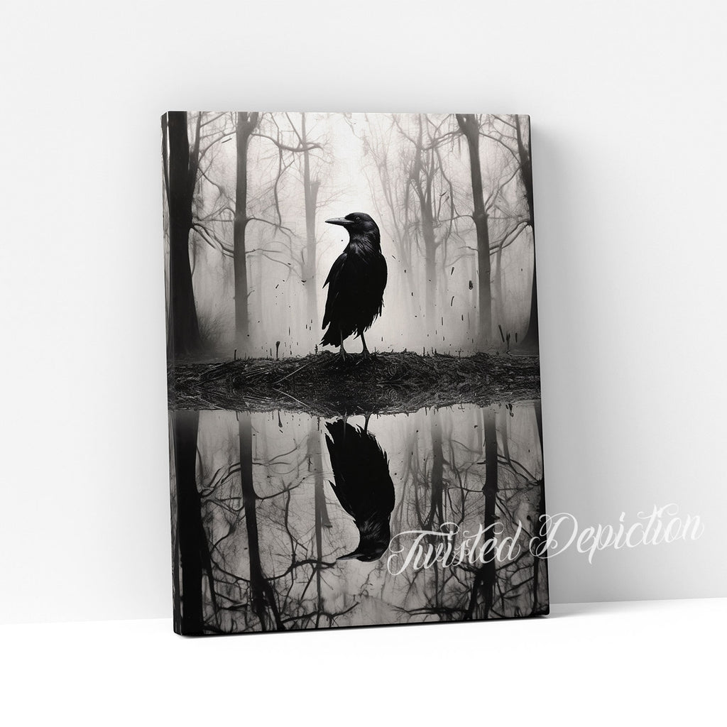 crow reflection on water canvas art