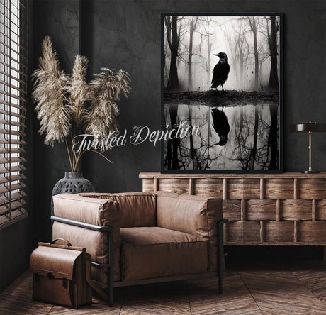 crow reflection on water painting
