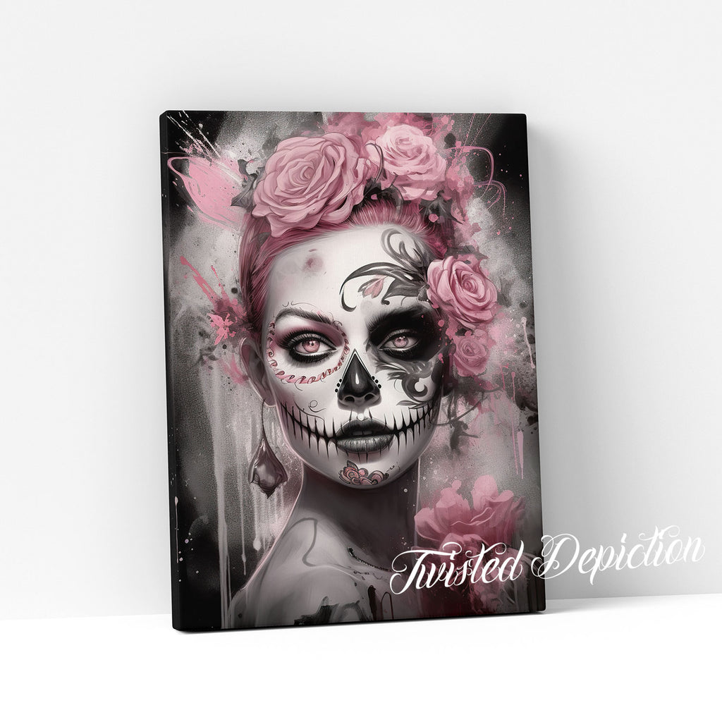 pink and black day of the dead girl art