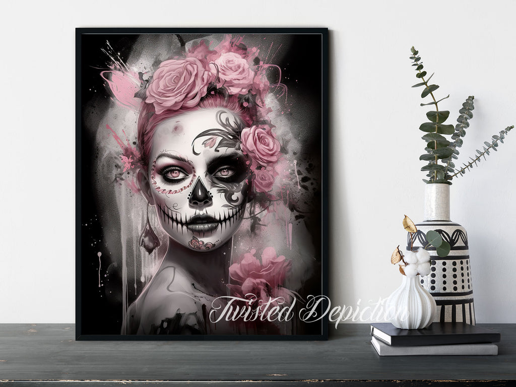 pink and black day of the dead girl art