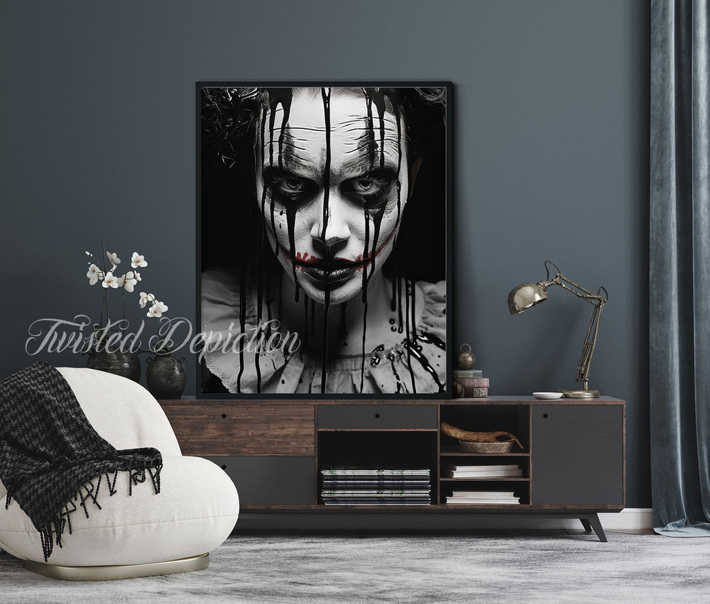 evil glare female clown painting art