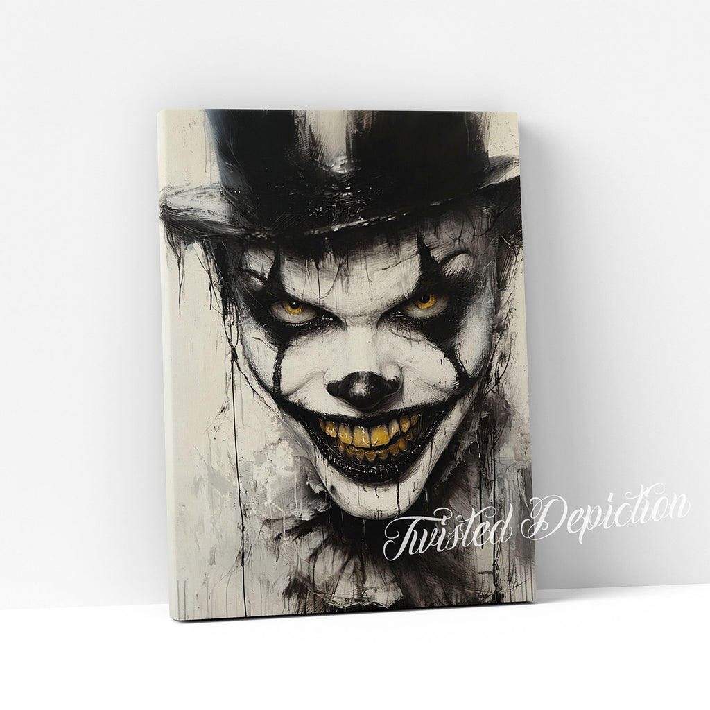 evil clown painting with top hat
