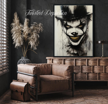 evil clown painting with top hat