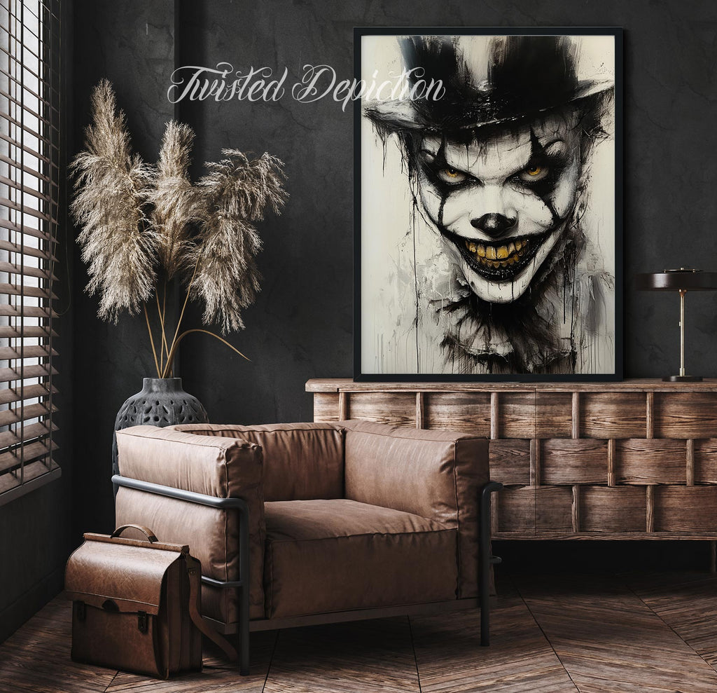 evil clown painting with top hat