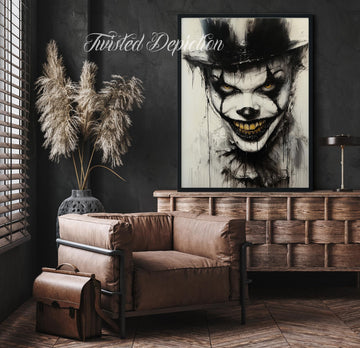 evil clown painting with top hat