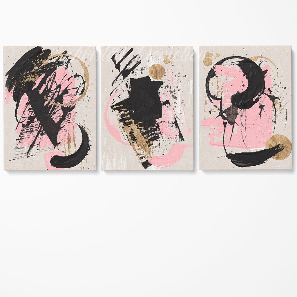 3 piece black and pink abstract art set