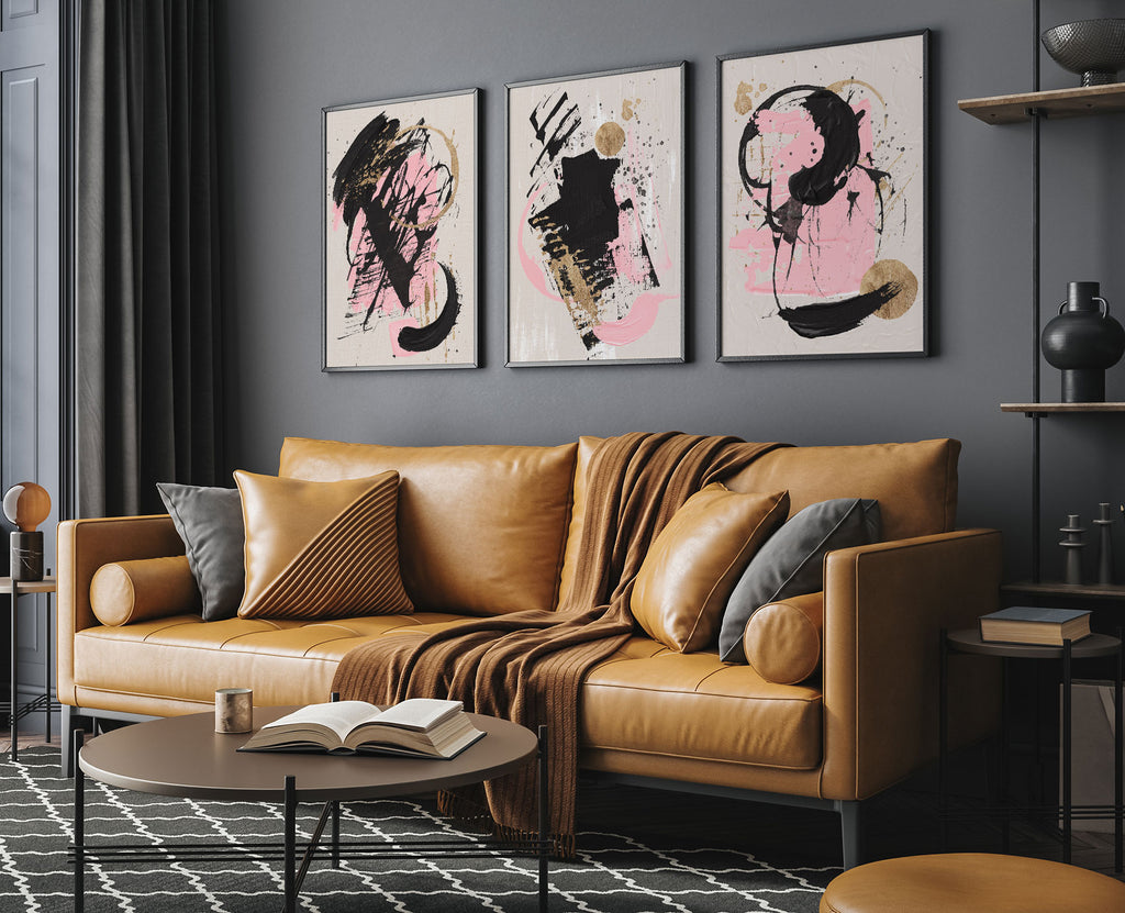 3 piece black and pink abstract art set