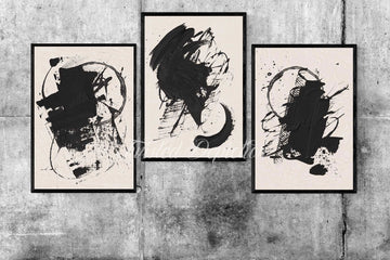 Oil paint, 3 piece abstract art in a black and white theme