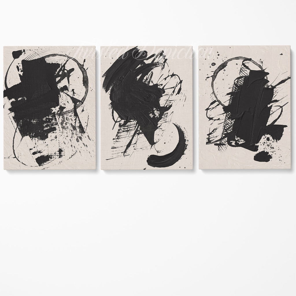 Oil paint, 3 piece abstract art in a black and white theme