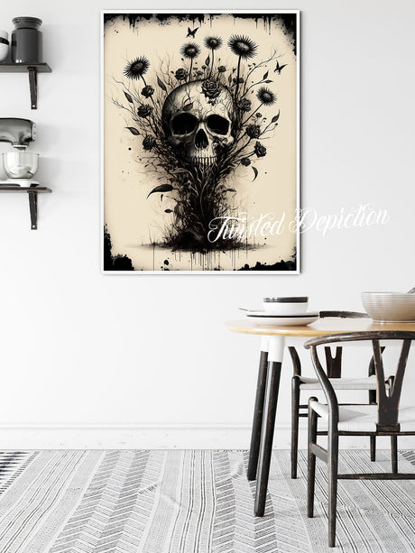 A Bouquet Of Death, with flowers encasing a skull.