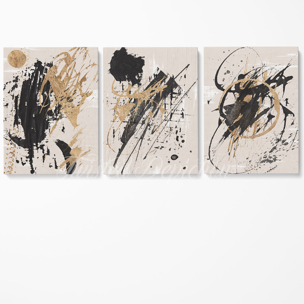 3 piece oil paint gold and black canvas abstract art
