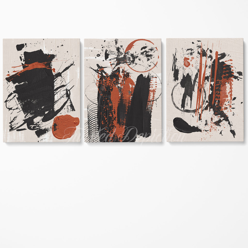 Oil paint, 3 piece abstract art in a black and red