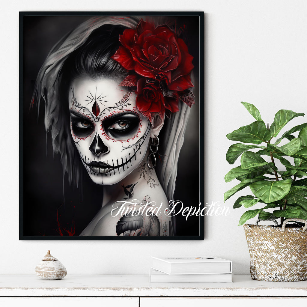 black and red day of the dead girl art